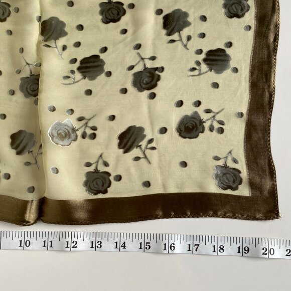 Vintage Floral Silk Scarf 20” Square Brown Beige Sheer Satin Border Retro Access - Picture 4 of 4